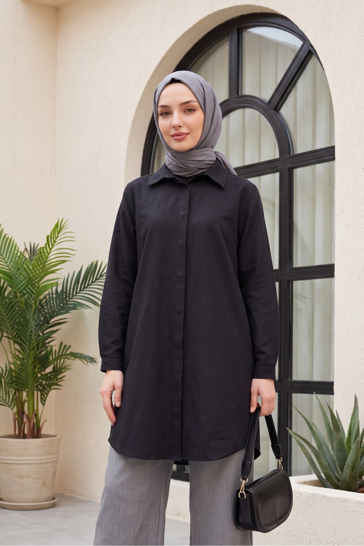 Oval Cut Long Shirt with Hidden Buttons -Black
