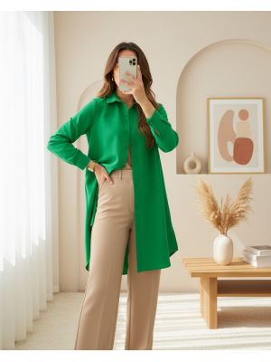 Gizli Düğmeli Oval Kesim Uzun Gömlek -Yeşil
