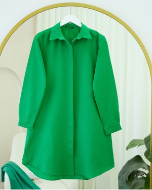 Oval Cut Long Shirt with Hidden Buttons -Green