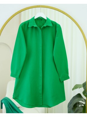 Gizli Düğmeli Oval Kesim Uzun Gömlek -Yeşil