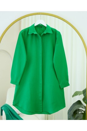 Gizli Düğmeli Oval Kesim Uzun Gömlek -Yeşil