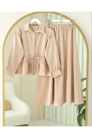 Pieced Pleated Blouse Skirt Set - Beige