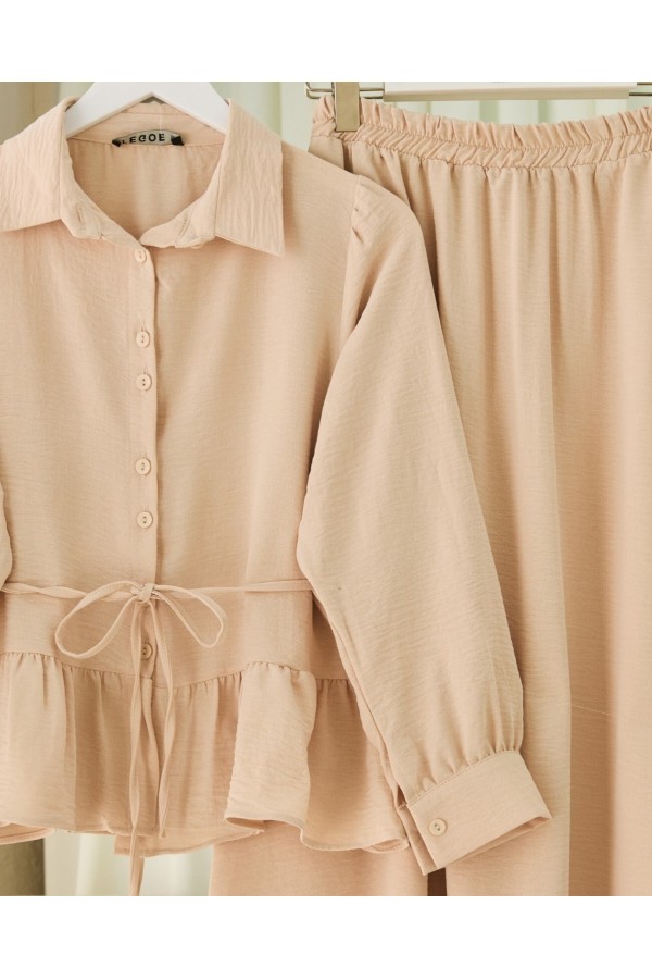 Pieced Pleated Blouse Skirt Set - Beige