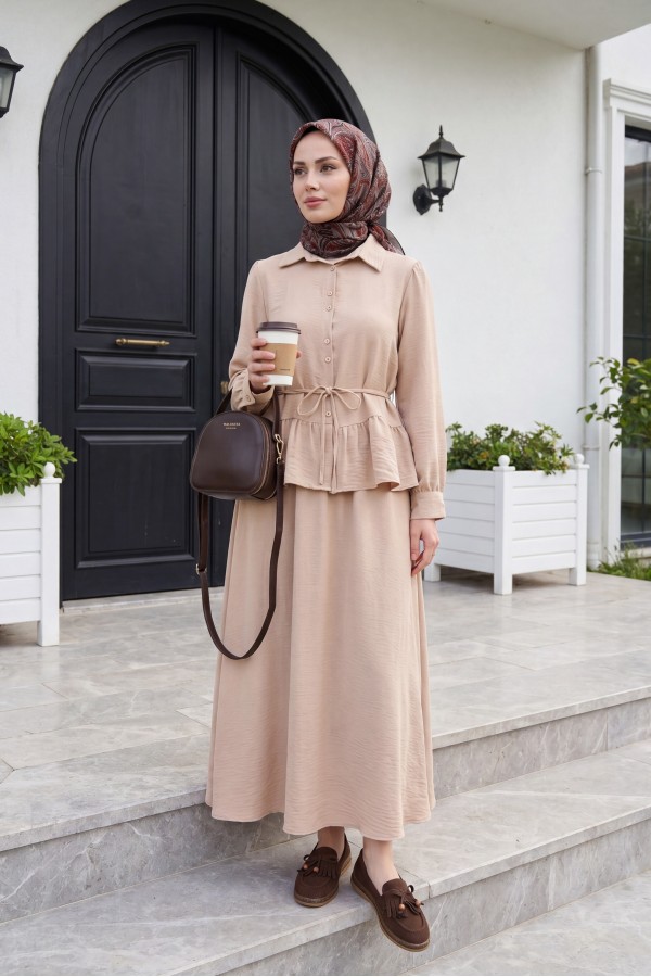 Pieced Pleated Blouse Skirt Set - Beige