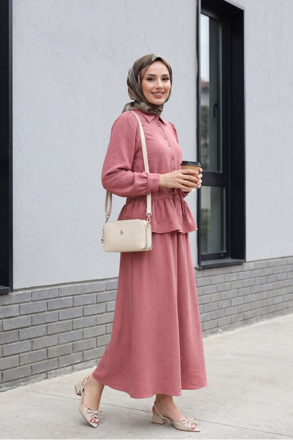 Pieced Pleated Blouse Skirt Set -Dried rose
