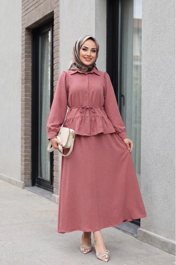 Pieced Pleated Blouse Skirt Set -Dried rose