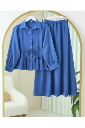 Parçalı Büzgülü Bluz Etekli Takım -İndigo