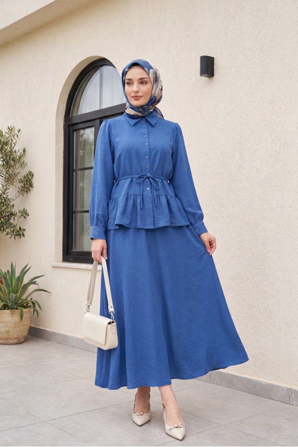 Pieced Pleated Blouse Skirt Set -İndigo