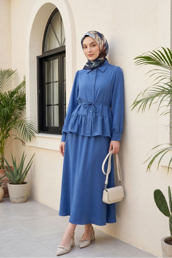 Pieced Pleated Blouse Skirt Set -İndigo