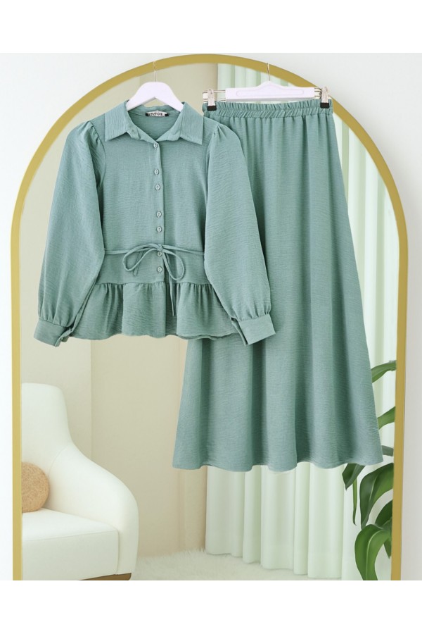 Pieced Pleated Blouse Skirt Set -Mint Color