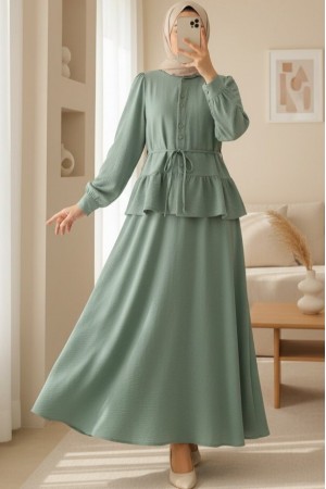 Parçalı Büzgülü Bluz Etekli Takım -Mint
