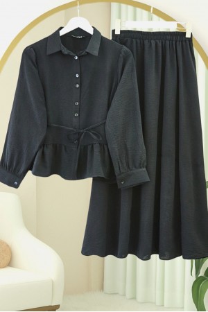 Parçalı Büzgülü Bluz Etekli Takım -Siyah