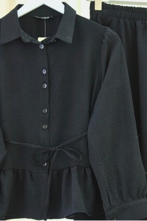 Parçalı Büzgülü Bluz Etekli Takım -Siyah