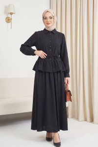 Parçalı Büzgülü Bluz Etekli Takım -Siyah