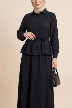 Parçalı Büzgülü Bluz Etekli Takım -Siyah