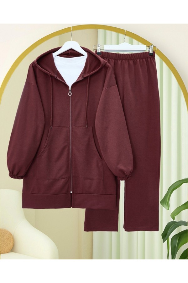 Zippered Hooded Combed Cotton Set      -Maroon