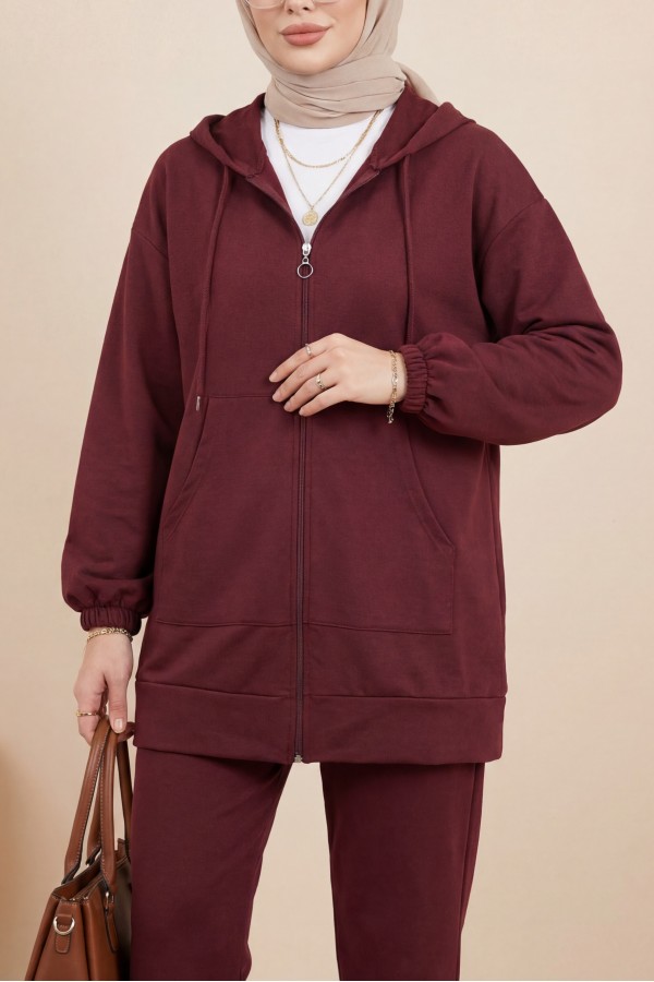 Zippered Hooded Combed Cotton Set      -Maroon