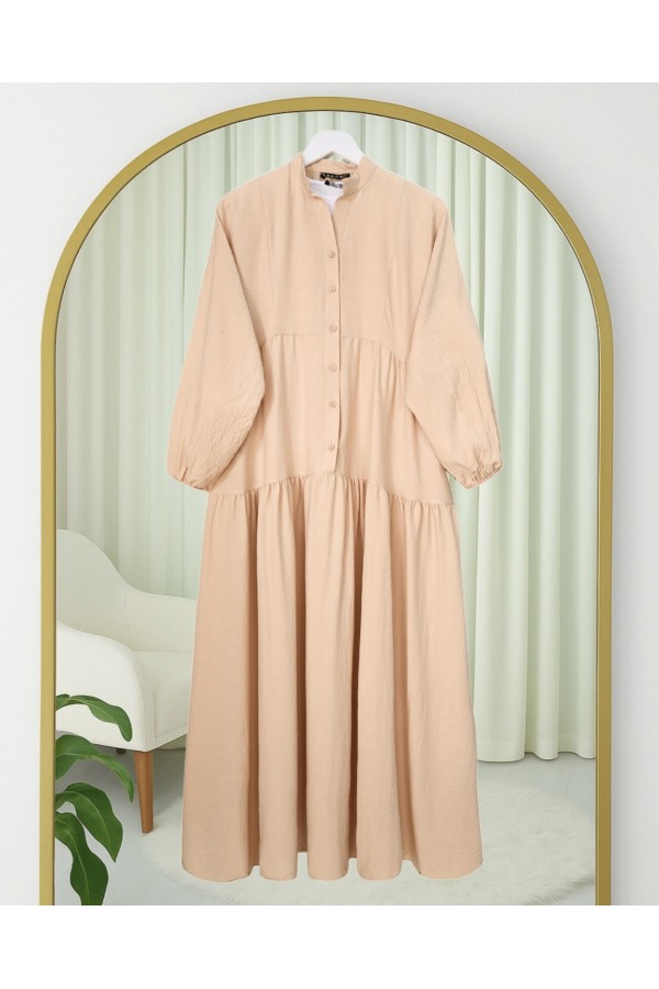 Half-Buttoned Cotton Ayrobin Dress with a Grandad Collar - Beige