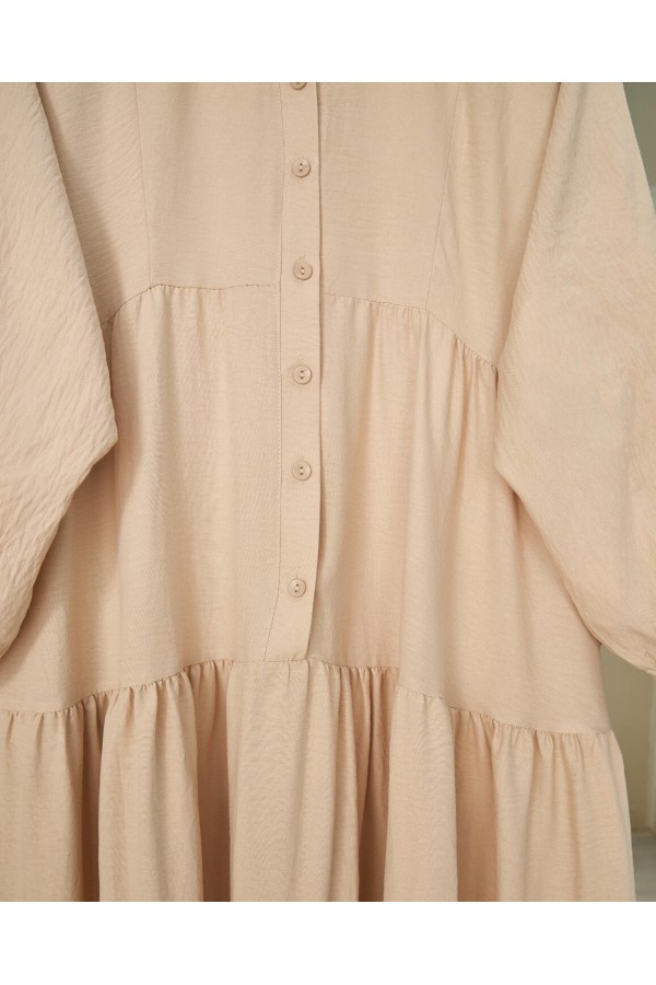 Half-Buttoned Cotton Ayrobin Dress with a Grandad Collar - Beige