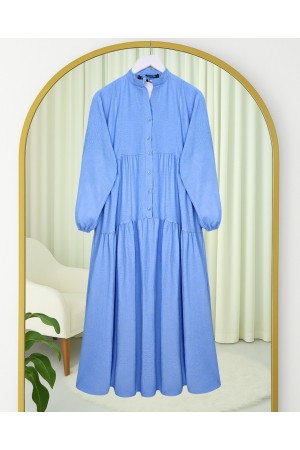 فستان أيروبين قطني نصف أزرار مع ياقة جد -أزرق