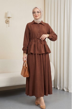 Parçalı Büzgülü Bluz Etekli Takım  -Kahve