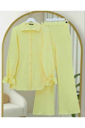 Crinkle Suit with Top Buttons and Laced Sleeves -Light yellow