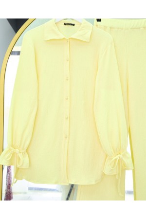 Crinkle Suit with Top Buttons and Laced Sleeves -Light yellow
