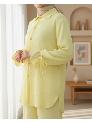 Top Düğmeli Kolu Bağcıklı Krinkıl Takım -Açık Sarı