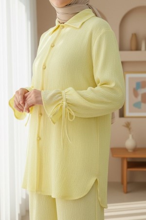 Top Düğmeli Kolu Bağcıklı Krinkıl Takım -Açık Sarı