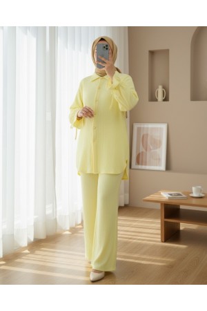 Crinkle Suit with Top Buttons and Laced Sleeves -Light yellow