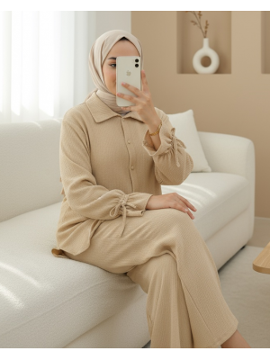 Top Düğmeli Kolu Bağcıklı Krinkıl Takım -Bej