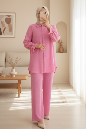 Top Düğmeli Kolu Bağcıklı Krinkıl Takım -Pembe