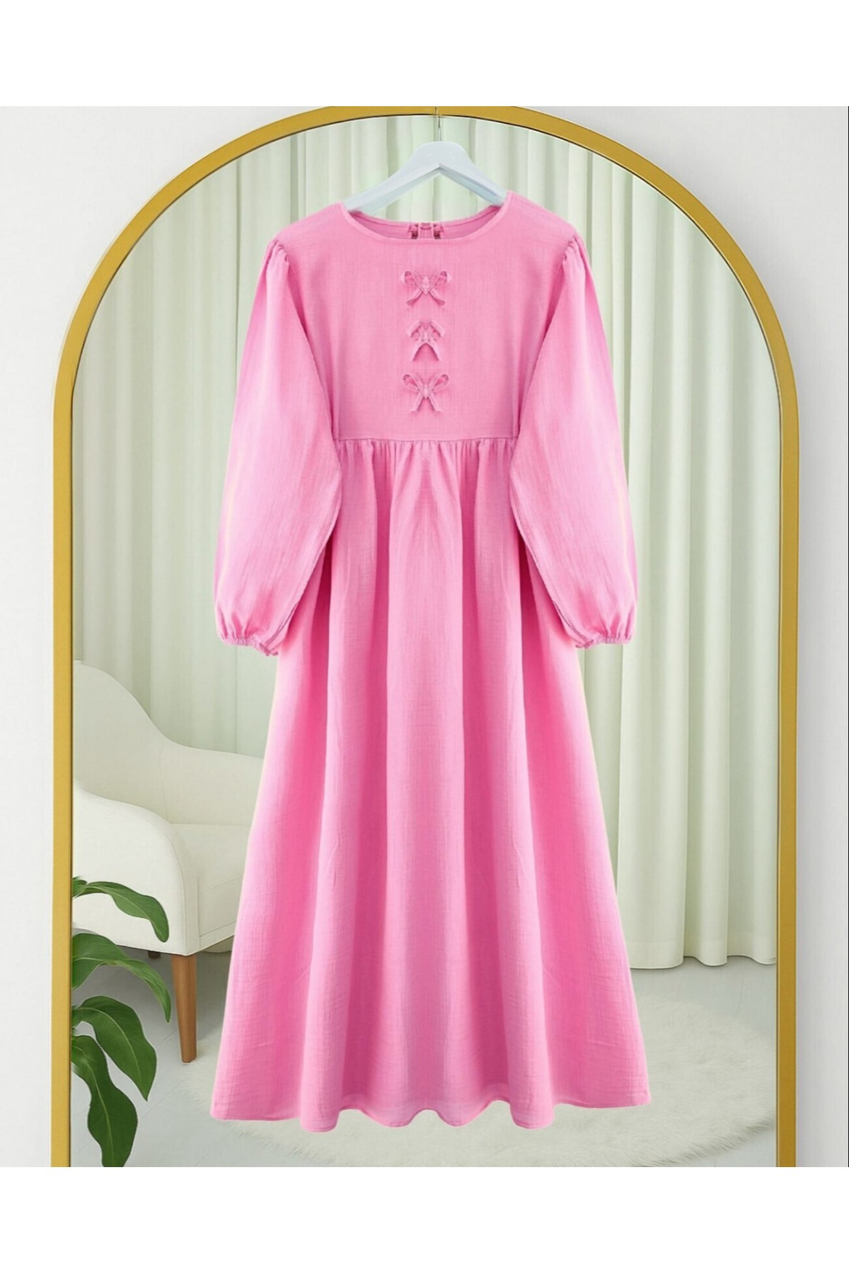 Muslin Dress with Elastic Sleeves and Bow Detail on the Front -Pink