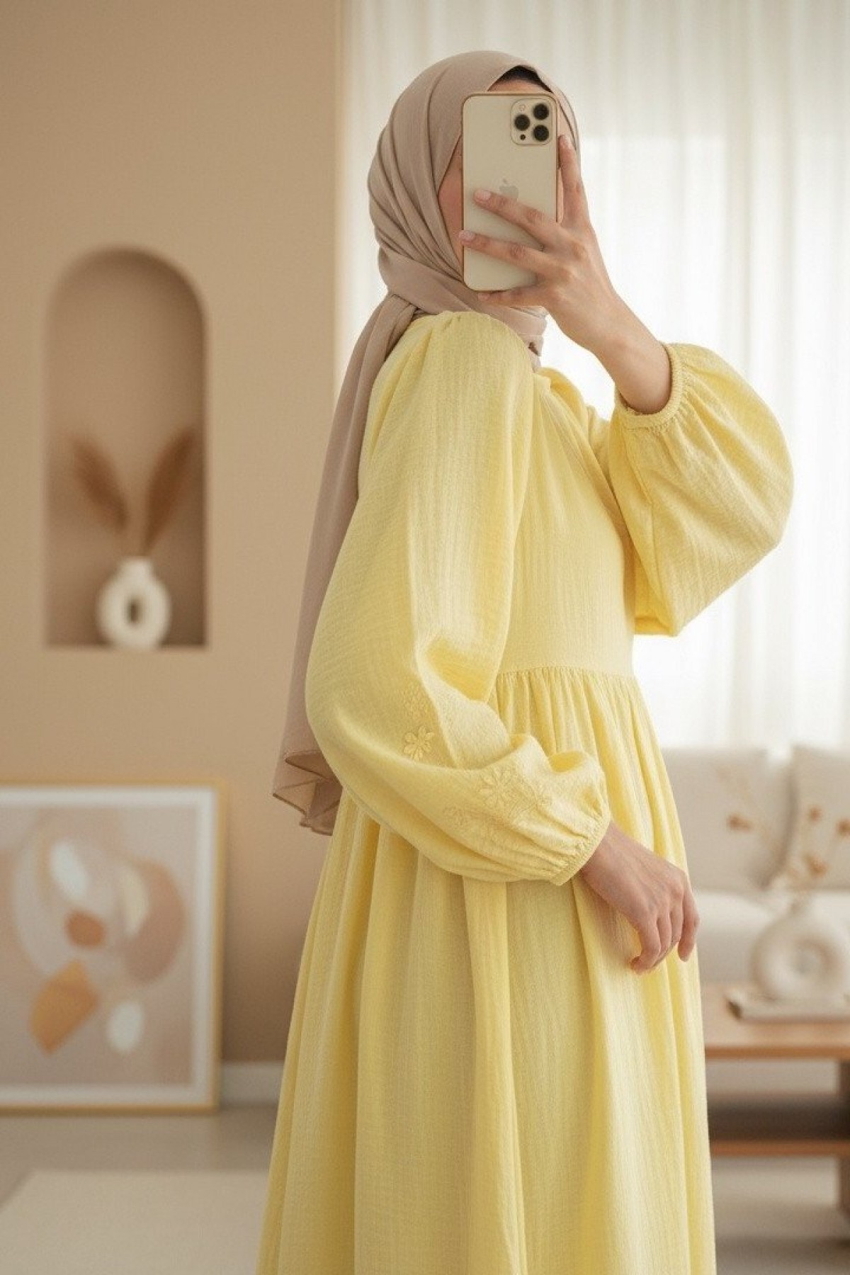 Muslin Dress with Elastic Sleeves and Bow Detail on the Front -Yellow
