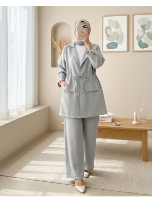 Kapaklı Tünel Köprülü Ceketli Keten Takım      -Açık Gri