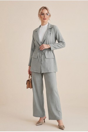 Kapaklı Tünel Köprülü Ceketli Keten Takım      -Açık Gri