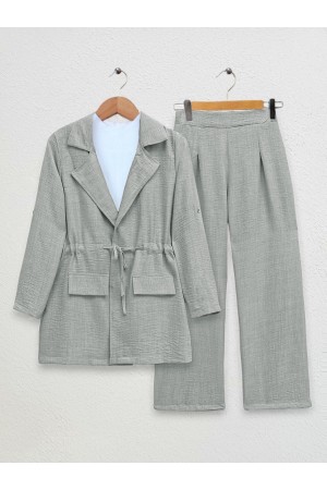 Kapaklı Tünel Köprülü Ceketli Keten Takım      -Açık Gri