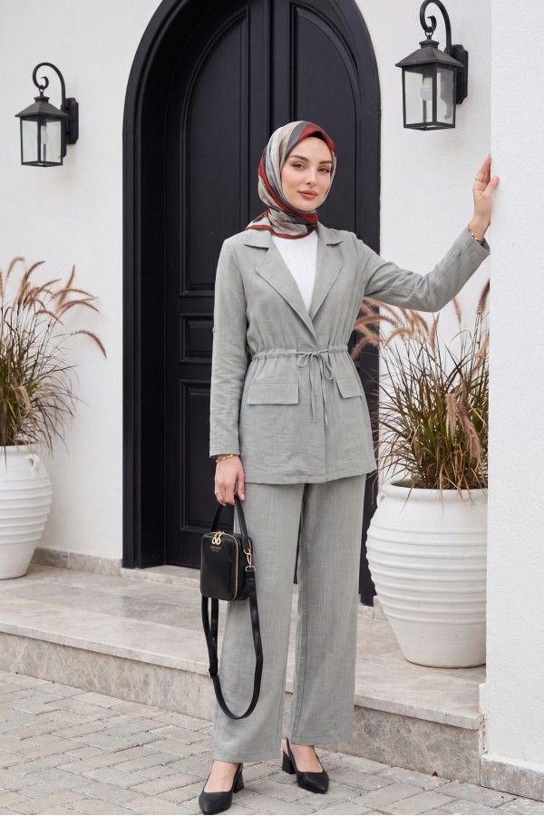 Covered Tunnel Bridge Jacket Linen Set      - Light grey