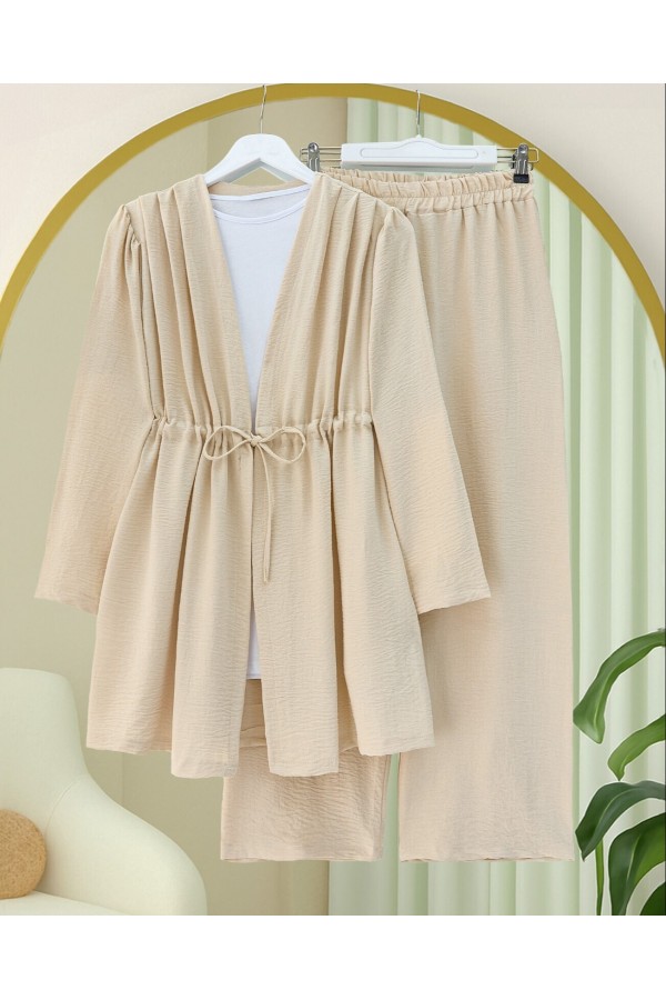 Tünel Bağcıklı Ayrobin Kimono Takım -Bej