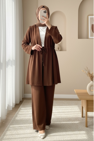 Tünel Bağcıklı Ayrobin Kimono Takım -Kahve