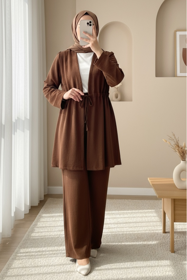 Tünel Bağcıklı Ayrobin Kimono Takım -Kahve