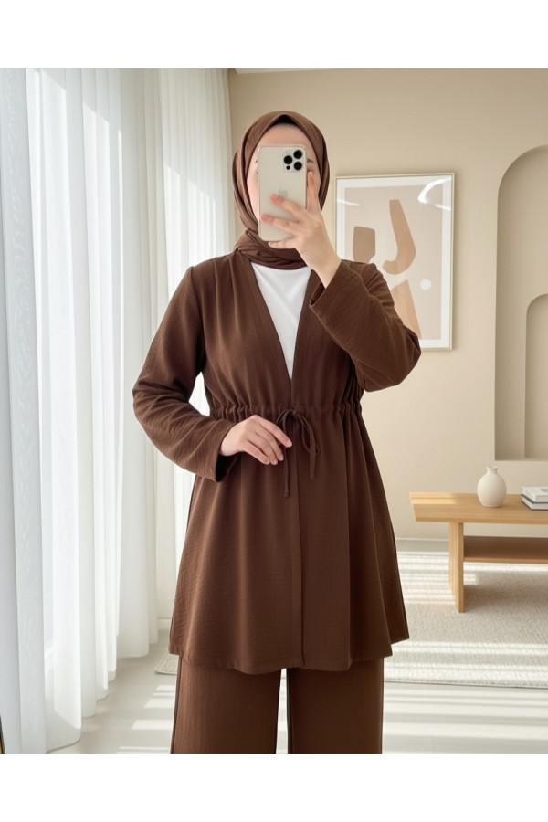 Tünel Bağcıklı Ayrobin Kimono Takım -Kahve