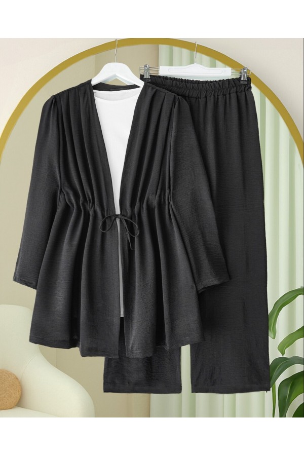 Tünel Bağcıklı Ayrobin Kimono Takım -Siyah