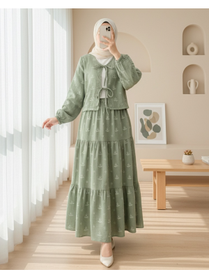 Önü Bağcıklı Nakış Detaylı Etekli Müslin Takım  -Haki