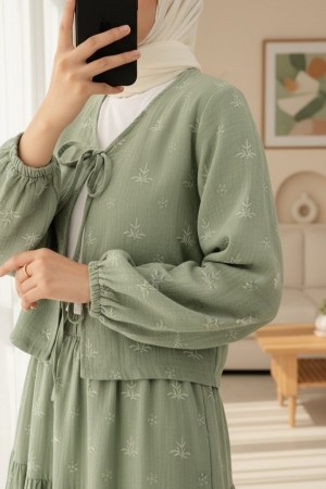 Önü Bağcıklı Nakış Detaylı Etekli Müslin Takım  -Haki