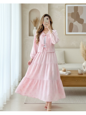 Önü Bağcıklı Nakış Detaylı Etekli Müslin Takım   -Pudra