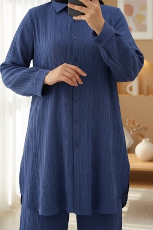 Düğmeli Uzun Pantolonlu Krinkıl Takım  -İndigo