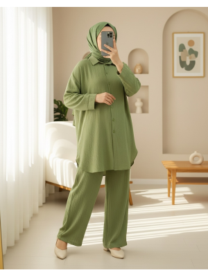 Düğmeli Uzun Pantolonlu Krinkıl Takım   -A.Yeşil