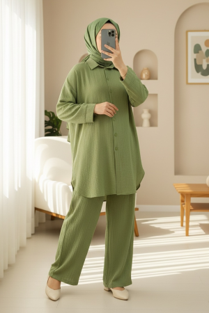 Düğmeli Uzun Pantolonlu Krinkıl Takım   -A.Yeşil