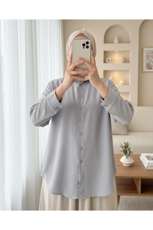 Arkası Uzun Düğmeli Poplin Gömlek -Açık Gri